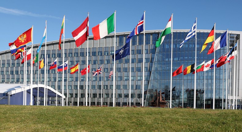 Flags of member nations flap in the wind outside NATO headquarters during a meeting of NATO foreign ministers in Brussels, Tuesday, April 4, 2023.AP Photo/Geert Vanden Wijngaert